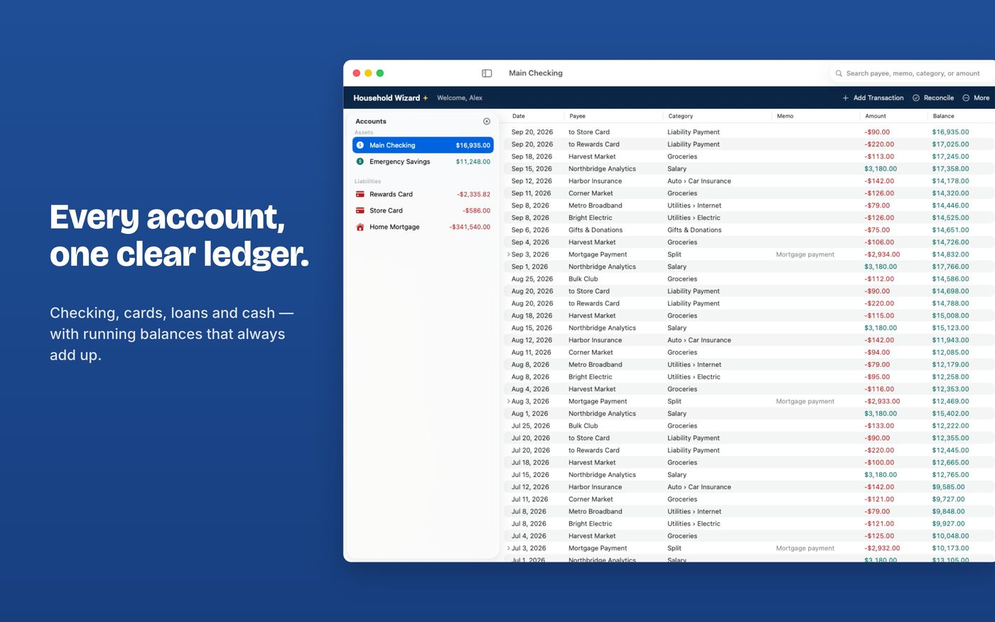 Household Wizard on a Mac: accounts in the sidebar and a ledger with running balances