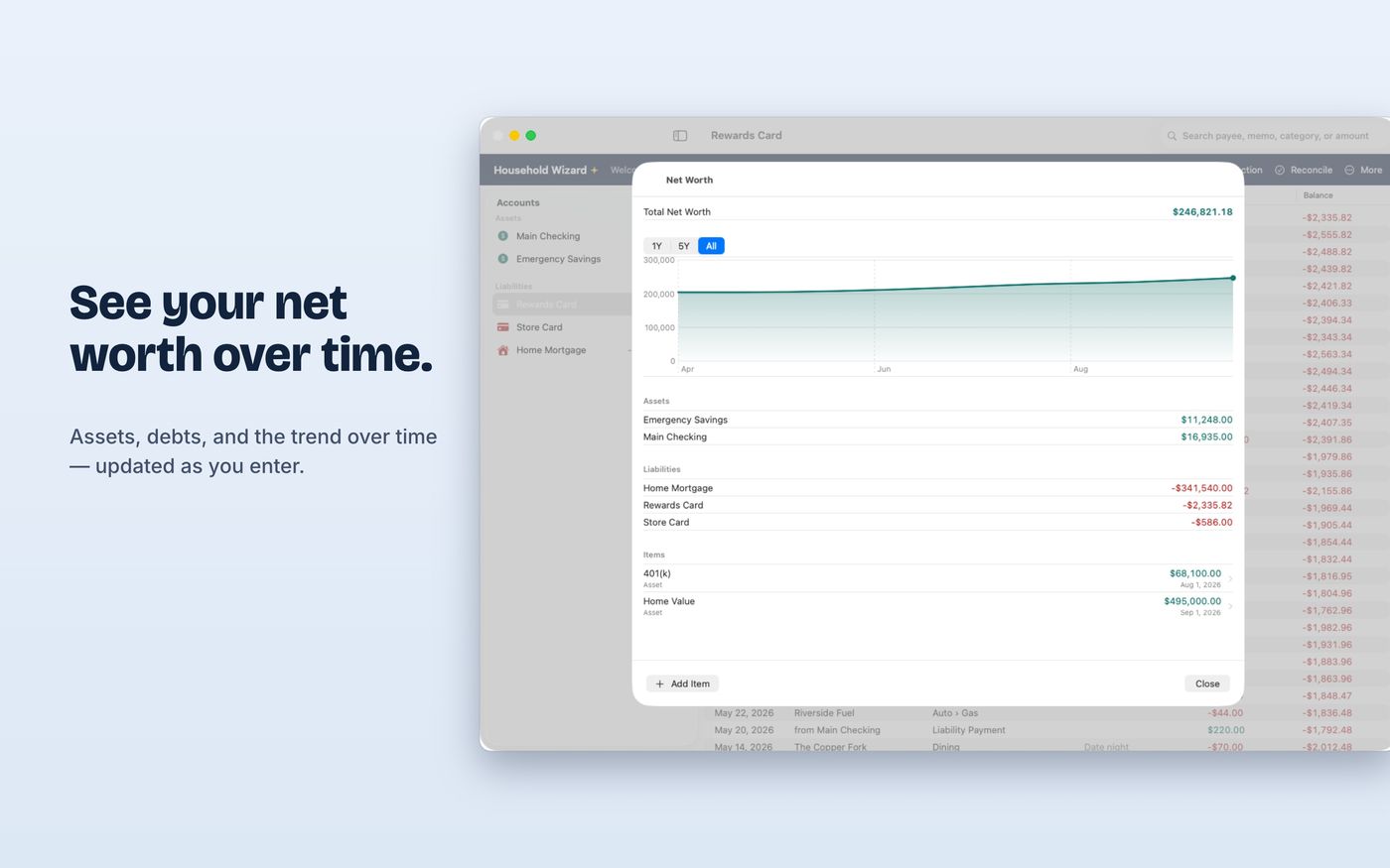 Net worth over time chart with assets and debts in Household Wizard