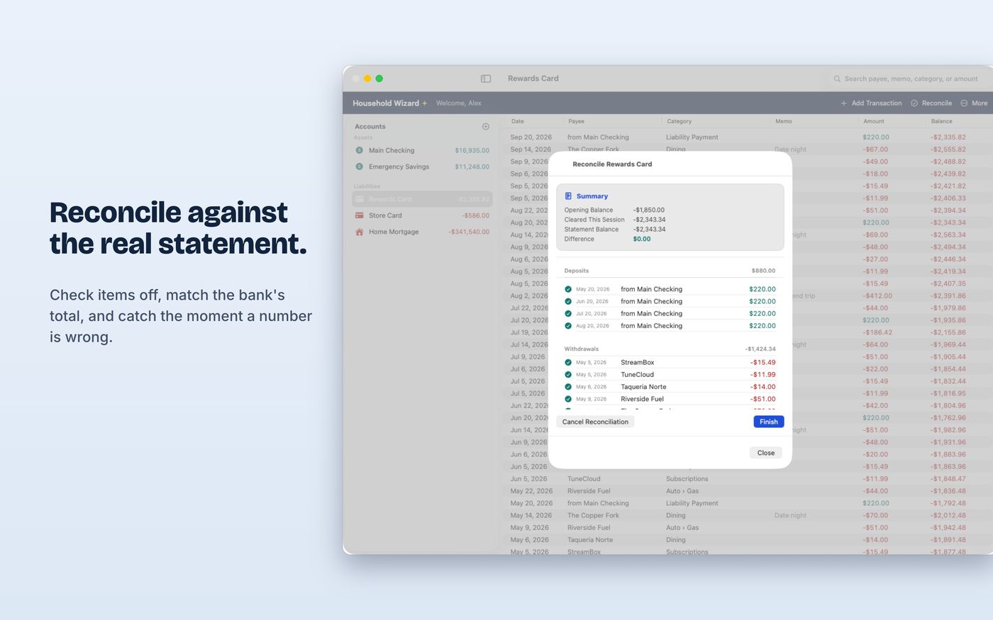 Reconciling an account against a bank statement in Household Wizard